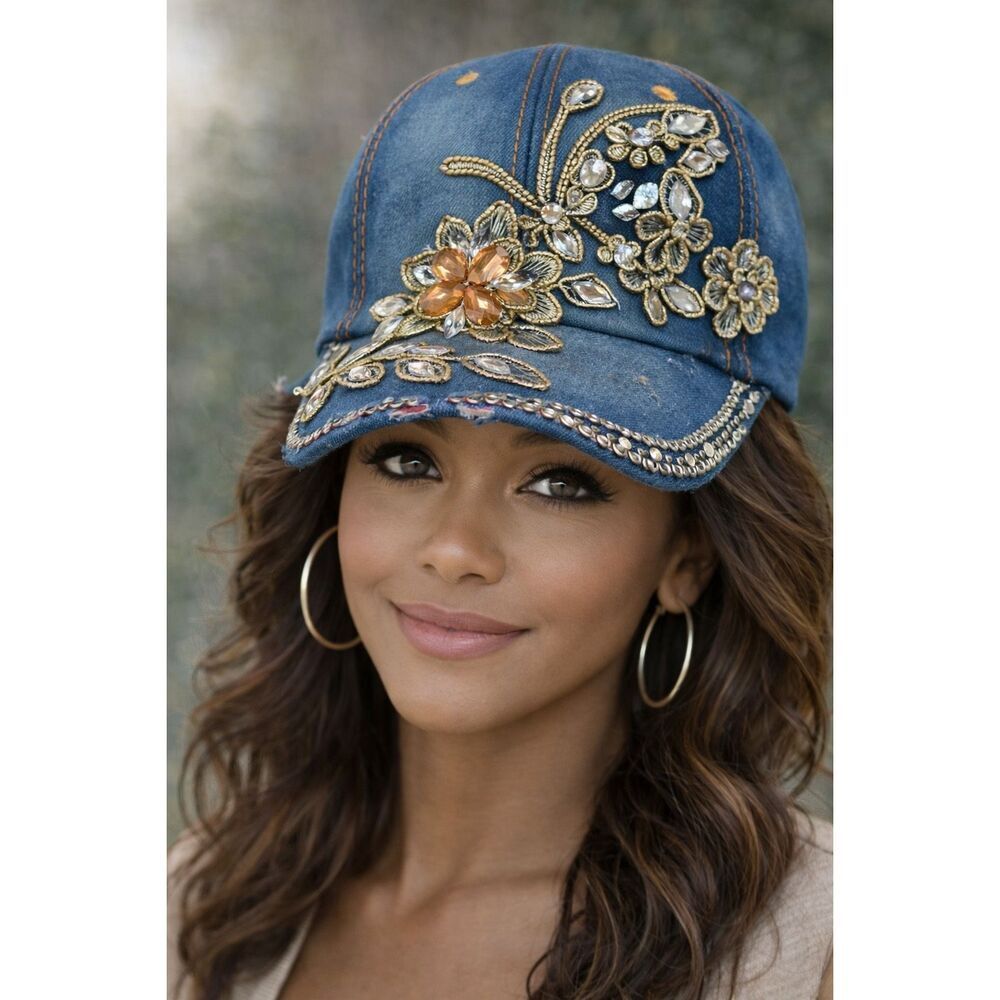 Denim Floral Rhinestone Bling Baseball Cap Distressed Jean Hat Adjustable